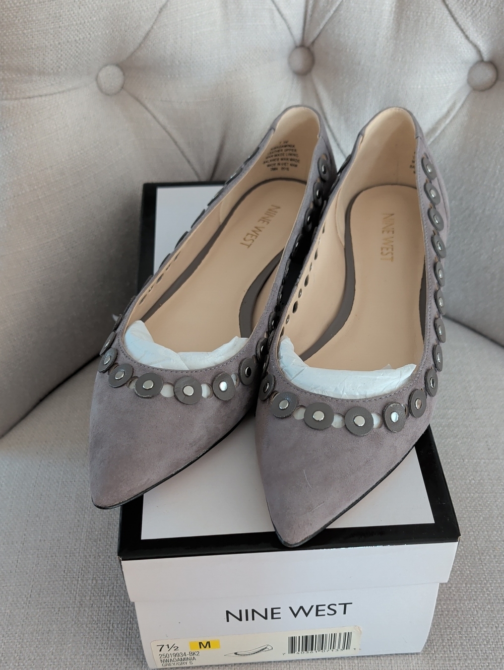 Nine West Suede Pointed Toe Flats with Metallic Disc Trim